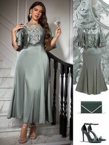 Ellevyn 大码优雅派对刺绣网纱拼接连衣裙 - 綠色 - 查看 2