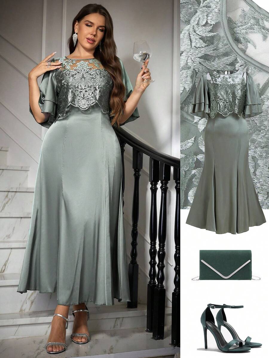 Ellevyn 大码优雅派对刺绣网纱拼接连衣裙