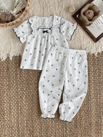 SHEIN Baby Girls' Cute Bow Print Short Sleeve & Pants Loose Casual Outfit, Comfortable & Minimalist For Home Wear Baby Summer Sets Pajama Baby Set