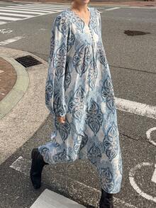 FRIFUL 女士全印花腰部拼接褶皱宽松休闲百搭春季长款睡袍 - 藍色 - 查看 5