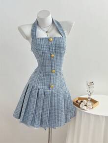 Elamini 女士白色短款连衣裙，优雅的秋冬日常、派对、休闲装扮，翻领褶裥粗花呢面料 - 藍色 - 查看 6