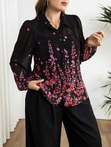Modelyn Plus Size Floral Print Front Button Casual Long Sleeve Shirt - Multicolor - View 6