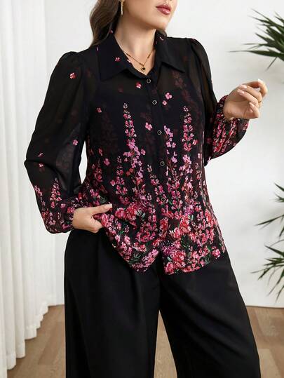 Modelyn Áo sơ mi dài tay dáng rộng in hoa, cài cúc phía trước, kiểu dáng thường ngày, cỡ lớn.