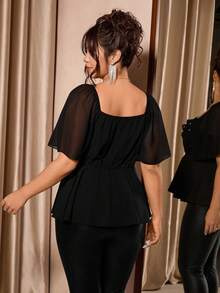 Cravure 加大码女式方领仿珍珠装饰优雅荷叶边袖上衣黑色俱乐部风上衣 - 黑色 - 查看 2