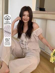 Dazy Plus Plus Size Women Striped Front Tie Top And Pants Pajama Set - Khaki - View 1