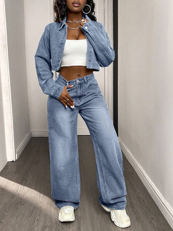 DAZY Women's Denim Crop Top And Jeans Set Y2k