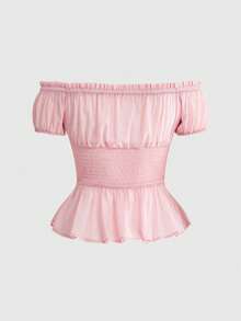 ROMWE Avant 优雅露肩荷叶边下摆上衣，适合女士海滩度假 - 淺粉色 - 查看 2