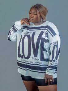 CurvyTilda Casual Street American Retro New Style Round Neck Off-Shoulder Letter English Logo Printed Long-Sleeved Super Loose T-Shirt Skirt Apricot Bottom Green Flower Women's T-Shirt-AIn Fall/Winter - Black and White - View 4