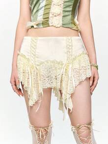 ROMWE Fairycore Minifalda asimétrica de encaje y parches de cintura baja para mujer, estilo vintage - Beis - Ver 2