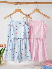 3件套女童休闲可爱卡通爱心、蝴蝶结、樱桃印花背心短裤睡衣套装，夏季 - 彩色 - 查看 2