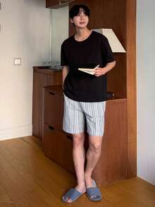 DAZY 男士條紋彈性腰短褲，夏季居家休閒睡褲 - 彩色 - 查看 3
