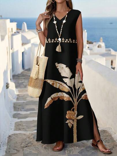 EMERY ROSE 女士休闲无袖V领波西米亚风沙滩长裙，黑白复古热带植物和斑马纹印花，开衩设计，梭织面料，完美适合春夏、西部风情节日和海岛女孩风格。