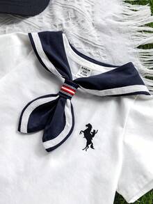 SHEIN 3pcs/Set Unisex Baby Boy Sailor Style Outfit,White Summer Knit Top,Shorts & Navy Blue Cape Set,Elegant Page Boy Clothes For Wedding Christening Gift - White - View 5