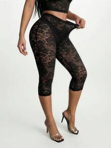 SHEIN SXY 大码时尚性感透视黑色蕾丝打底裤，适合约会、聚会、派对、夜店、情人节、宴会、盛宴、晚宴、舞会、舞会、都市风、百搭、性感办公室女郎、邮轮装、复古风、节日、音乐会、嘉年华、郊游、层次丰富的节日、约会之夜、聚会、生日、单身派对、鸡尾酒会、正式场合、情人节 - 黑色 - 查看 3