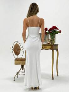 Aloruh Đầm bodycon màu trắng lưới, cổ yếm buộc dây, họa tiết hoa 3D thủ công, cổ chữ V sâu, xẻ tà cao, thích hợp cho mùa cưới. - trắng - Xem 6