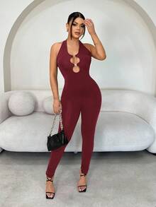 SHEIN SXY 纯色露背吊带无袖连体裤，通勤必备 - 酒紅色 - 查看 5