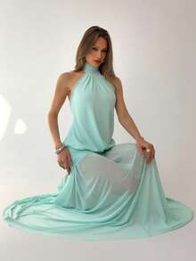 Aloruh 女士浪漫性感纯蓝色高领系带露背褶皱A字不对称连衣裙，适合春夏度假和约会 - 薄荷藍 - 查看 5