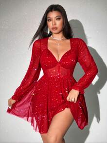 Viva Relle Đầm đỏ xuyên thấu đính sequin dành cho nữ cỡ lớn, kiểu dáng cổ vuông, tay phồng, eo thon, dáng chữ A, thích hợp cho sinh nhật. Phù hợp cho các bữa tiệc sang trọng, hẹn hò lãng mạn, trang phục ngày Valentine, dạo phố, du lịch, lễ hội âm nhạc năm mới, lễ hội hóa trang thanh lịch, mùa hẹn hò lãng mạn, thời trang gợi cảm ngọt ngào và quyến rũ, quần áo cỡ lớn dành cho nữ. - Đỏ - Xem 3