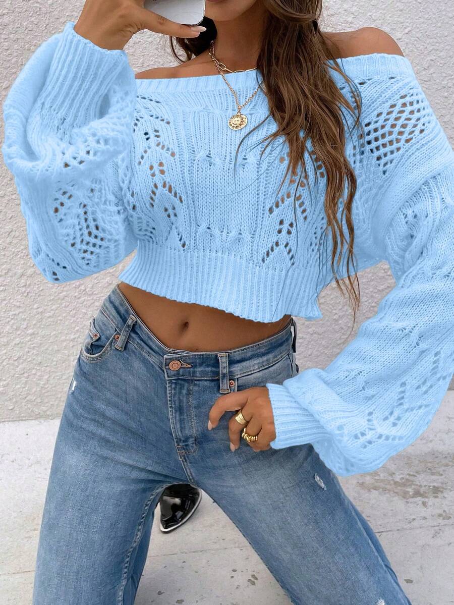 Almamuse 女士休闲度假通勤简约纯色露肩灯笼袖开襟针织短款毛衣，春秋季 - 天藍色 - 查看 1