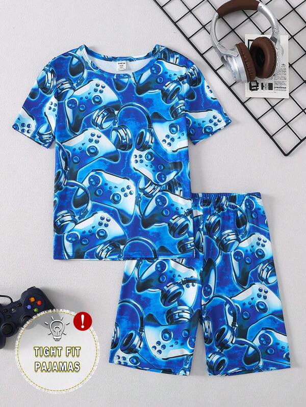 2pcs/Set Teenage Boys' Video Game Headphone Print Casual Round Neck Short Sleeve T-Shirt And Shorts Pajama Set
