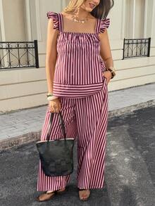 Lounesse Plus Size Women Square Neck Striped 2 Pieces Set, Versatile For Daily Commute And Casual Wear, Summer Outfits - Rose Red - View 6