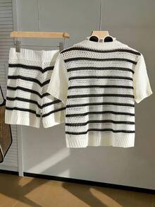 GlowEve Women's Vacation Casual Striped Hollow-Out Knit Top And Shorts 2 Pieces Set - Black and White - View 2