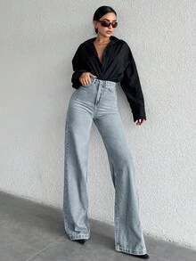 Cloudara 100Cotton High Waist Wide Leg Jeans TALL Everyday Light Blue Summer Casual Streetwear - Baby Blue - View 4