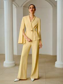 ZEYLAH Women's Elegant Pleated Blazer, High-End Stand Collar Jacket, Spring/Summer - Yellow - View 1