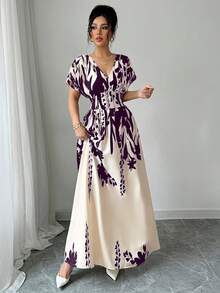 Elenzga V领收腰印花长裙，优雅迷人，适合春夏、秋冬四季穿着，也可作为音乐会、晚礼服、日常通勤、婚礼季/音乐节等场合的礼服。 - 紫色 - 查看 6