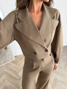 EURMUSE Women's Brown Double-Breasted Cropped Blazer And Wide Leg Pants Set - Brown - View 7