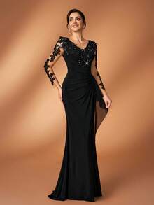 Serin 优雅奢华的珍珠钻石刺绣蕾丝贴花透视袖拼接弹力针织褶皱荷叶边鱼尾连衣裙，适合婚礼、派对、度假、新娘、新娘母亲、晚礼服等场合。 - 黑色 - 查看 5