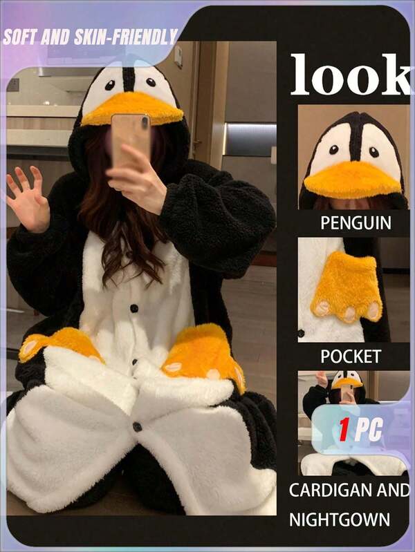 بيجامات شتوية للنساء بتصميم البطريق، بيجامات شتوية دافئة مزودة بقبعة وتصميم البطريق، بيجامات قطنية طويلة الأكمام مبطنة بالفرو مع جيوب على شكل أرجل البطريق، قابلة للغسل في الغسالة بتصميم مريح، مثالية لحفلات المناسبات والاستخدام اليومي، جمبسوت حيوان لطيفة مبطنة بالحرارة، تصميم أمامي بأزرار، طبعة بطريق مرحة، مثالية لديكور الشتاء والهدايا في رأس السنة