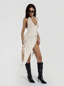 SHEIN ICON Conjunto de 2 piezas para mujer con escote profundo en V, bajo asimétrico, espalda descubierta, cuello de halter y falda con abertura y lazo - Beis - Ver 5