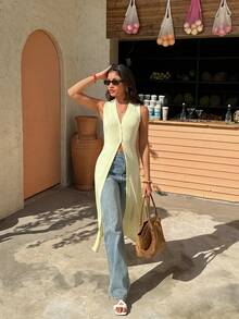 Selianne Sexy European Style V-Neck Sleeveless Slit Design Buttoned Cardigan Sweater Vest, Slim Fit For Women, Spring/Summer - Yellow - View 4