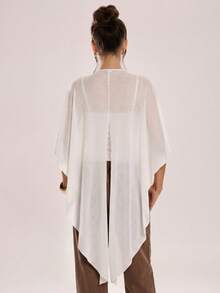 Avenya Knitted Tight Shawl Collar Flowy Tie T-Shirt Top - White - View 2