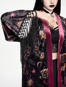 ROMWE Goth Dark Witch Crystal Ball Mysterious Eye Candle Holder Book Velvet Allover Print Patchwork Tassel Cover Up Shawl - Multicolor - View 2