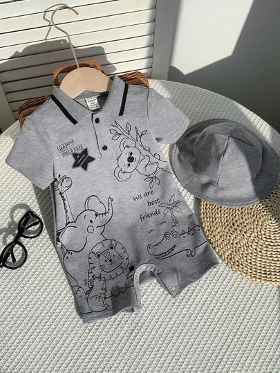 SHEIN 2pcs/Set Newborn Unisex Baby Boy/Girl Cute Animal Print Short Sleeve Romper And Sun Hat Set, Spring/Summer Baby Clothes Outfits