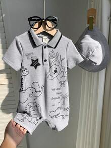 SHEIN 2件套新生儿男女宝宝可爱动物印花短袖连体衣和遮阳帽套装，春夏宝宝服装套装 - 灰色 - 查看 7