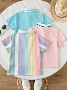 SHEIN 3件套男童休闲运动学院风彩色条纹印花图案Polo衫，适合儿童，返校季，日常穿着，学校，户外活动，春夏两季，夏季适用，复活节男童礼物 - 彩色 - 查看 2