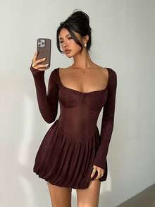 Aloruh Women's Romantic Date Night Stylish Sexy Casual Commute Sparkly Low-Cut Bubble Waist Mini Dress, Spring/Summer - Coffee - View 2