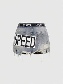 ROMWE Avant Women's Sporty Elastic Waist Low Waist Denim Mini Skirt - Light Wash - View 1