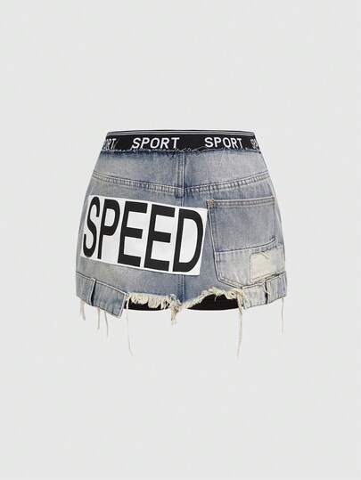 ROMWE Avant Women's Sporty Elastic Waist Low Waist Denim Mini Skirt