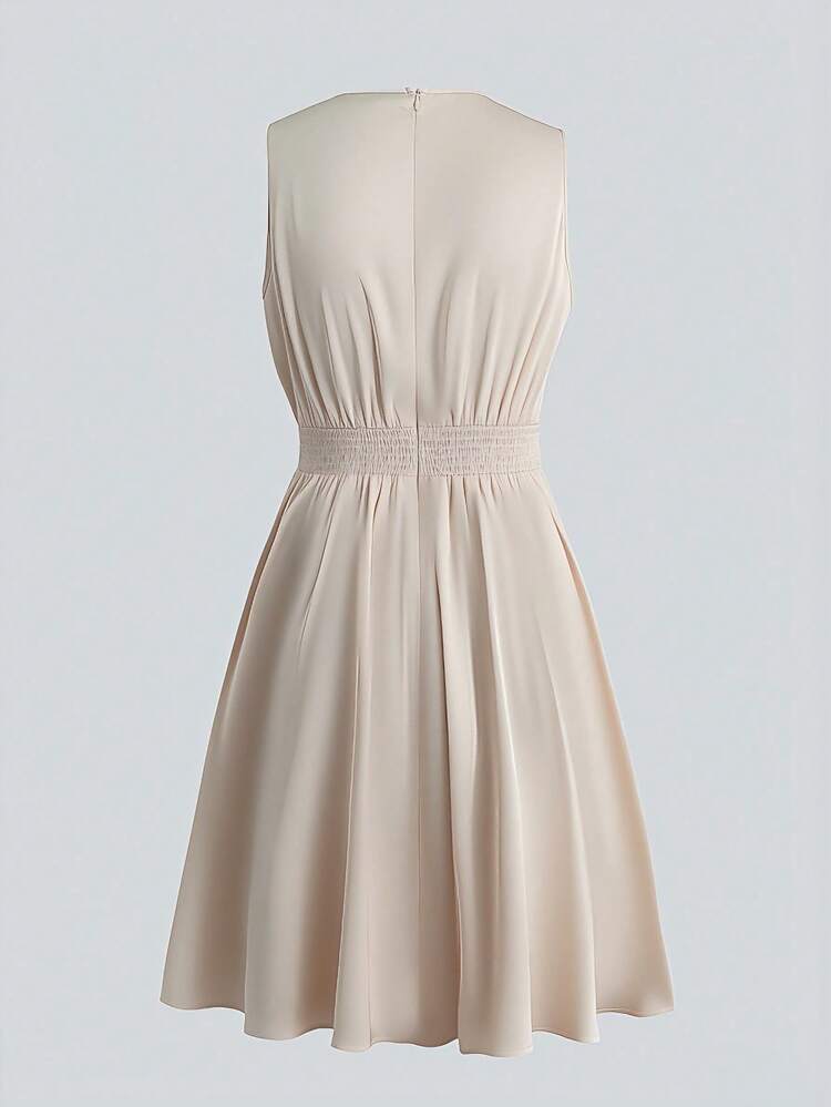 GlowEve CURVE Vestido elegante sin mangas con cuello redondo y decoración de perlas falsas para mujer de talla grande de unicolor - Champán - Añade 2