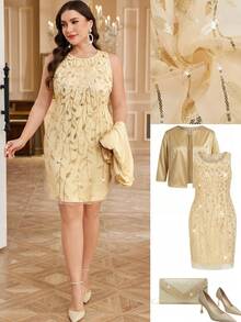 Ellevyn 大码优雅派对亮片刺绣连衣裙和外套两件套 - 金色 - 查看 9