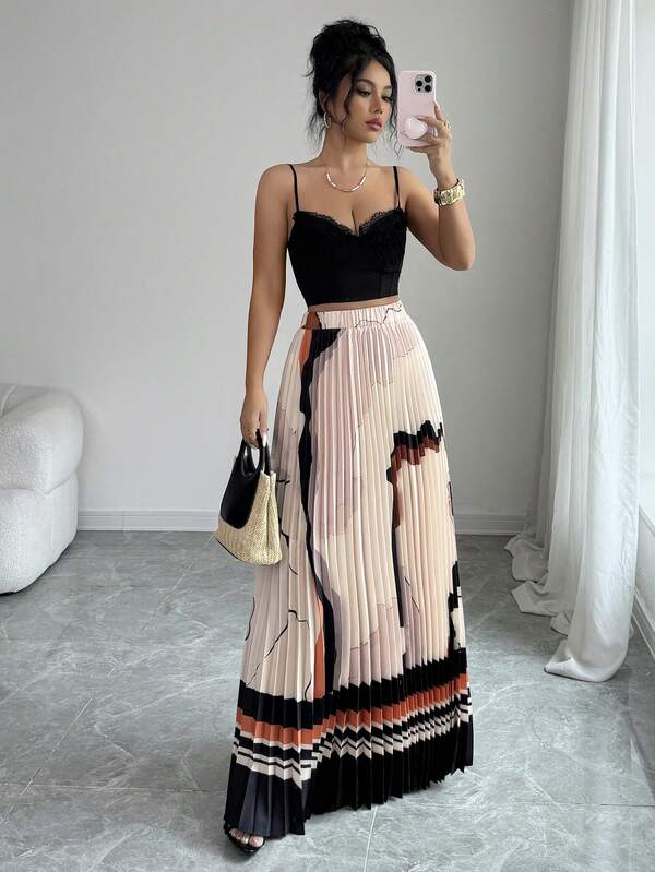 Elenzga Women's Summer Marble Print Digital Positioning Printed Skirt, Elastic Waistband Easy To Wear, Pleated A-Line Skirt