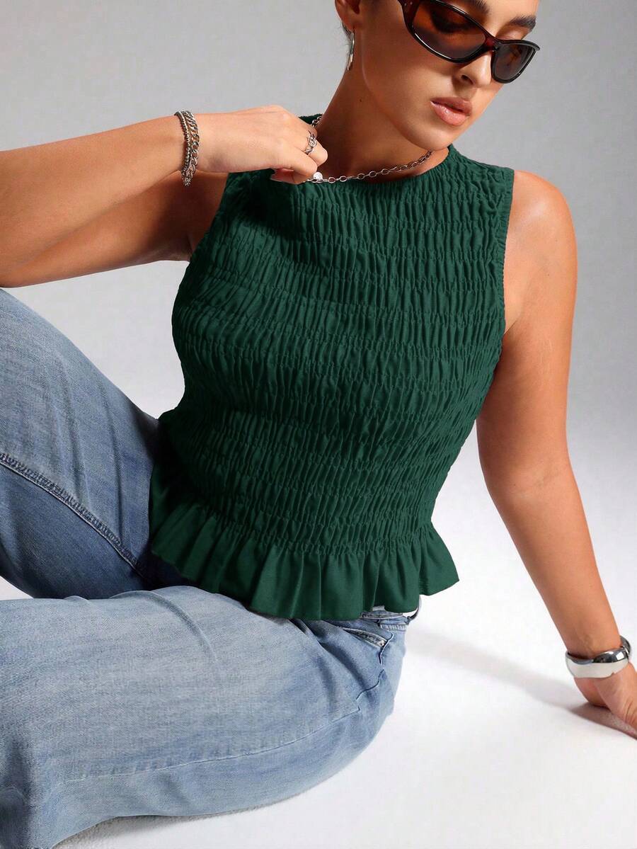 LYSMO 大码女式波西米亚风弹力褶皱红色吊带背心 - 墨綠色 - 查看 1