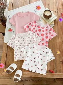 Cozy Pixies 4pcs Baby Girl Strawberry Pattern Knit Soft Round Neck Short Sleeve Ruffle Hem Pullover Top Set Baby Girl Clothes Strawberry Cherry Baby Clothes - Multicolor - View 8