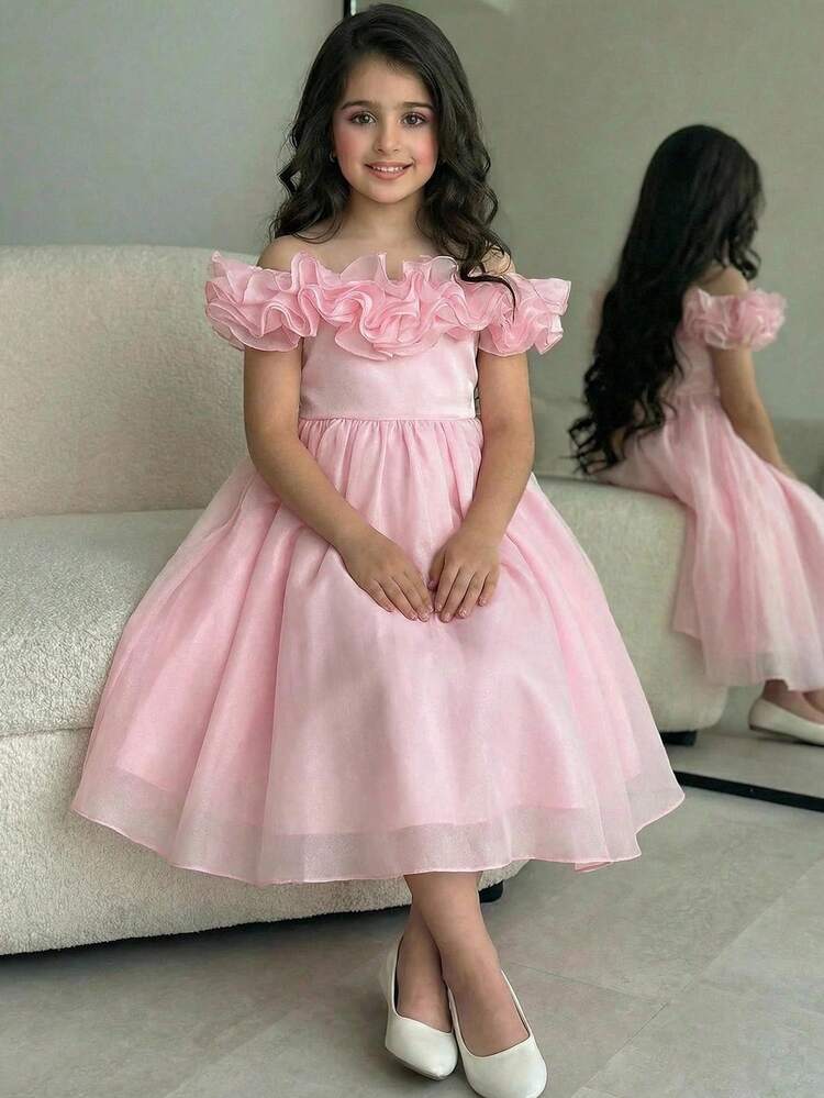 SHEIN Tween Mädchen Elegant Off-Shoulder Rüschen Saum Peplum Kleid - Schwarz - Übersicht 1