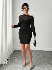 Elenzga 新款春夏不对称肩部亮面网纱拼接开衩修身性感女装 - 黑色 - 查看 6