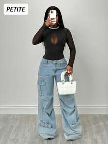 SHEIN PETITE 女士性感网纱拼接长袖连体衣 - 黑色 - 查看 4